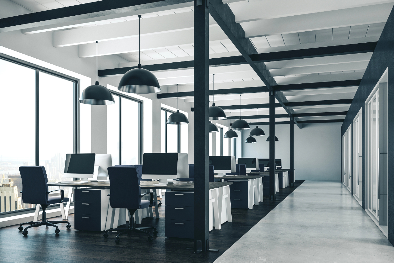 Contemporary coworking office interior with daylight. 3D Rendering